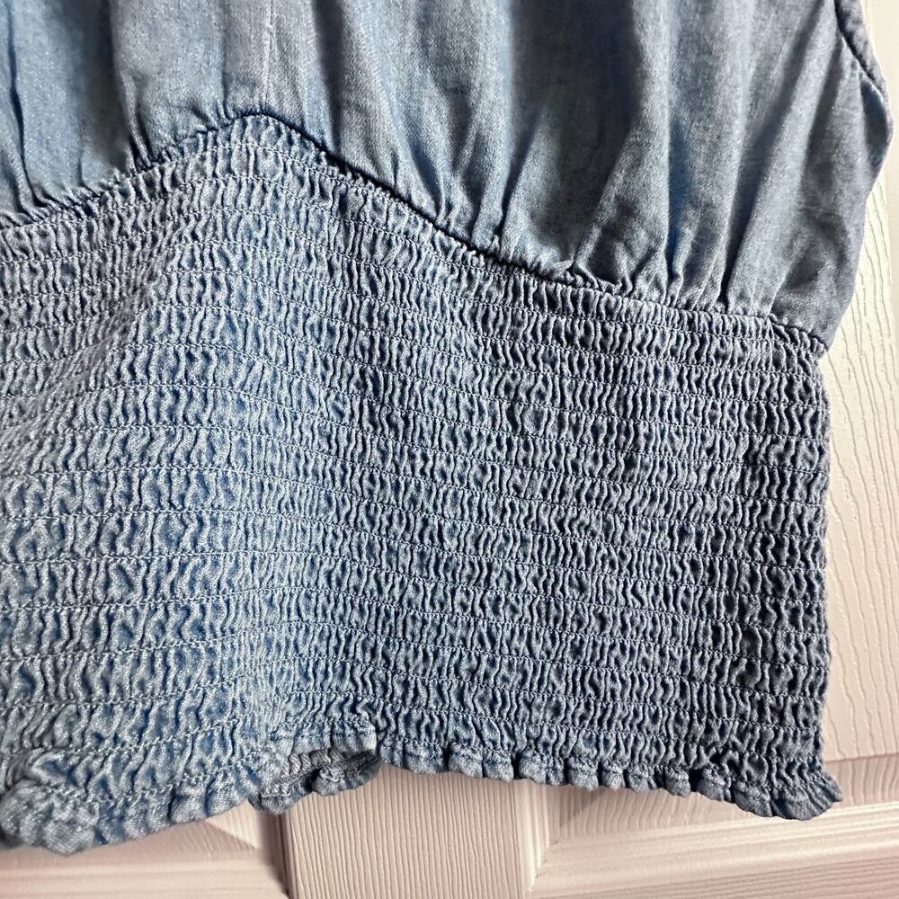 Old Navy Womens Large Blue Cotton Chambray Smocked Waist Defined V-Neck Boho Top - Picture 3 of 6